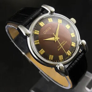 Vintage 1974 Oris Manual Mens Silver Watch W/Leathe Strap & Brown accents